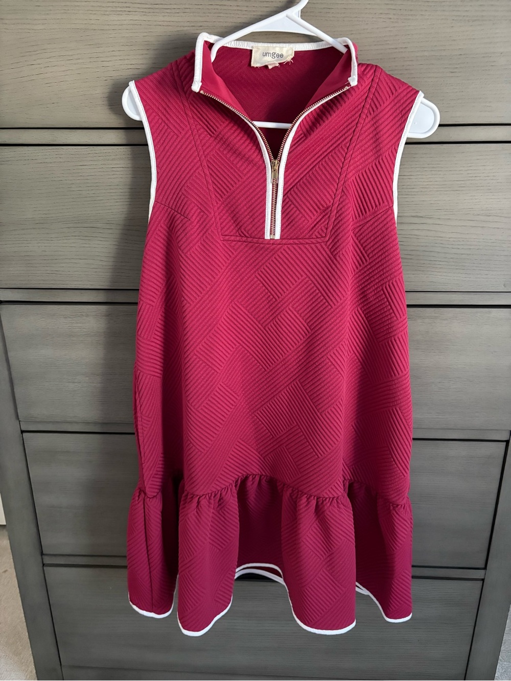 Umgee Hot Pink Sleeveless Textured Ruffle-Hem Dress with White Trim